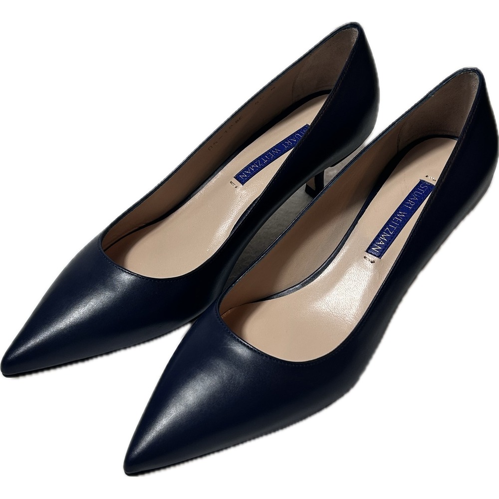 Stuart Weitzman Navy Blue Leather Pointed Toe Kitten Heel Pumps Size 5.5 M